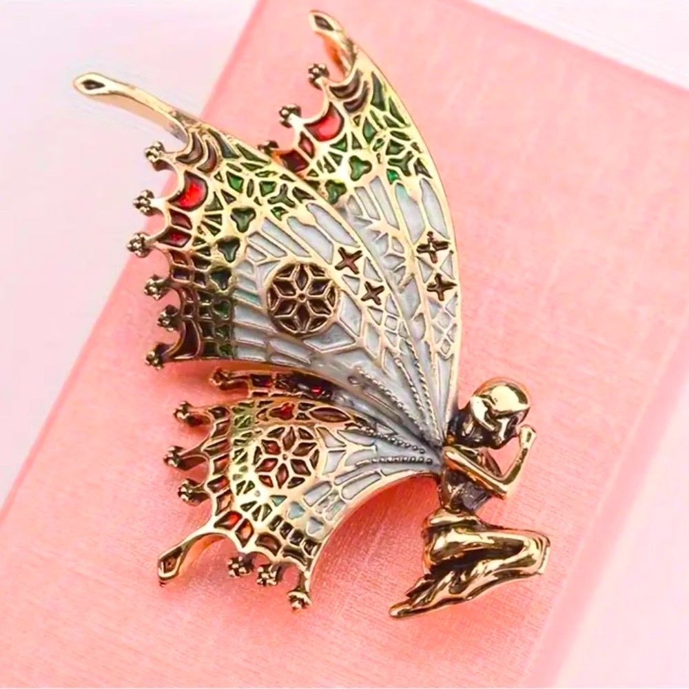 Butterfly Angel Fairy Gold, Green, Maroon, Gray, & Red Brooch Pin - Picture 4 of 7